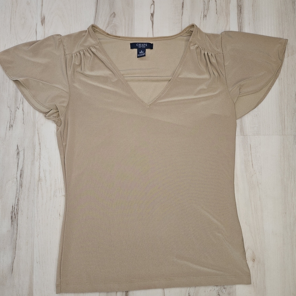 Chaps Beige Flutter Sleeve Blouse Women's Small V-Neck Business Casual Top - Picture 3 of 8